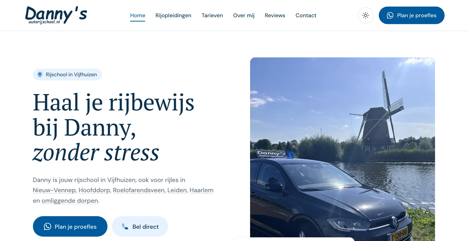 Homepage van Danny's Autorijschool met links naar Nieuw-Vennep, Hoofddorp, Roelofarendsveen, Leiden en Haarlem