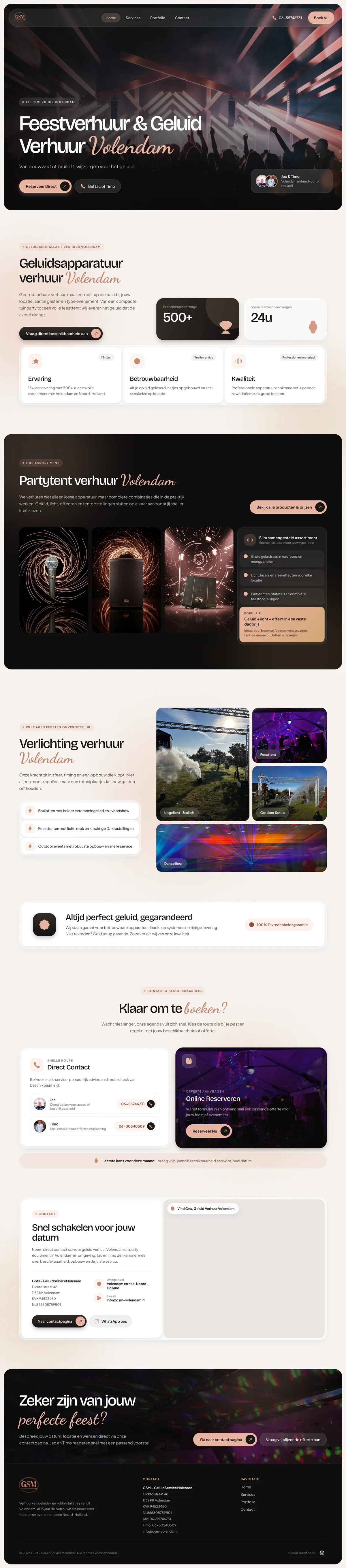 Volledige homepage van GSM Volendam, van header tot footer