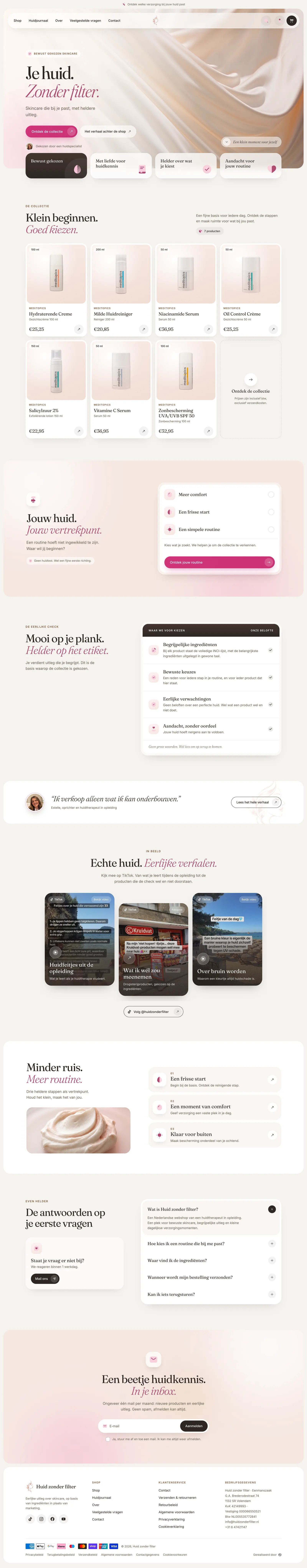 Volledige homepage van Huid zonder Filter, van header tot footer