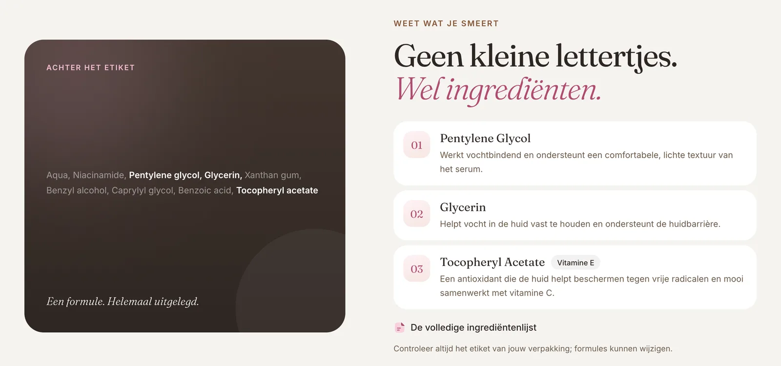 Productpagina met de ingrediëntenlijst en uitleg van de belangrijkste ingrediënten