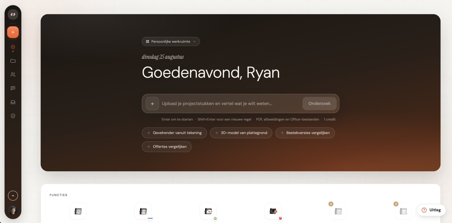 Trudoo productinterface met projectwerkruimte, onderzoeksveld en bouwfuncties