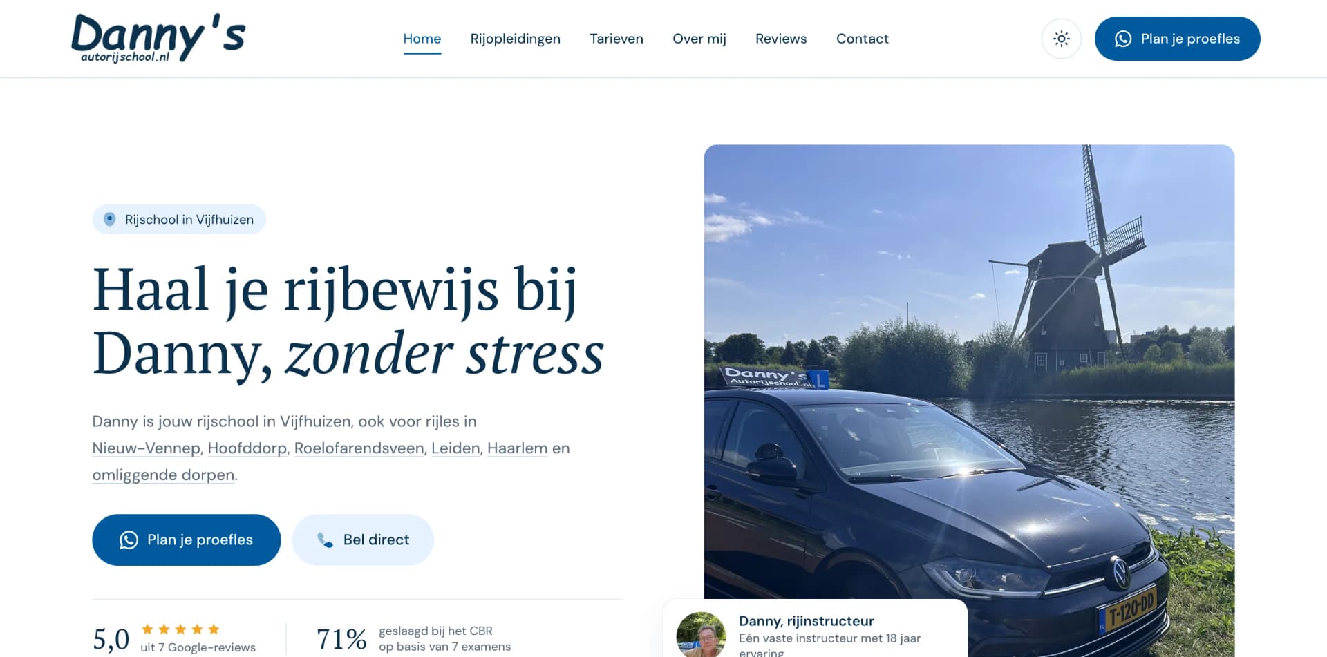 Homepage van Danny's Autorijschool met de kop 'Haal je rijbewijs bij Danny, zonder stress' en links naar de plaatsen in het werkgebied