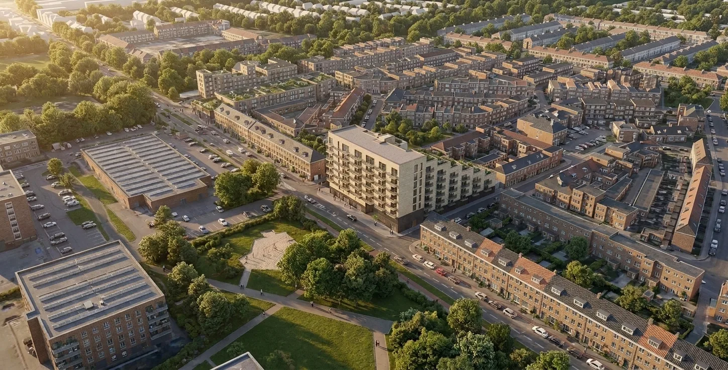 AI gegenereerde gevelvisualisatie met materialen voor KBK Bouwgroep