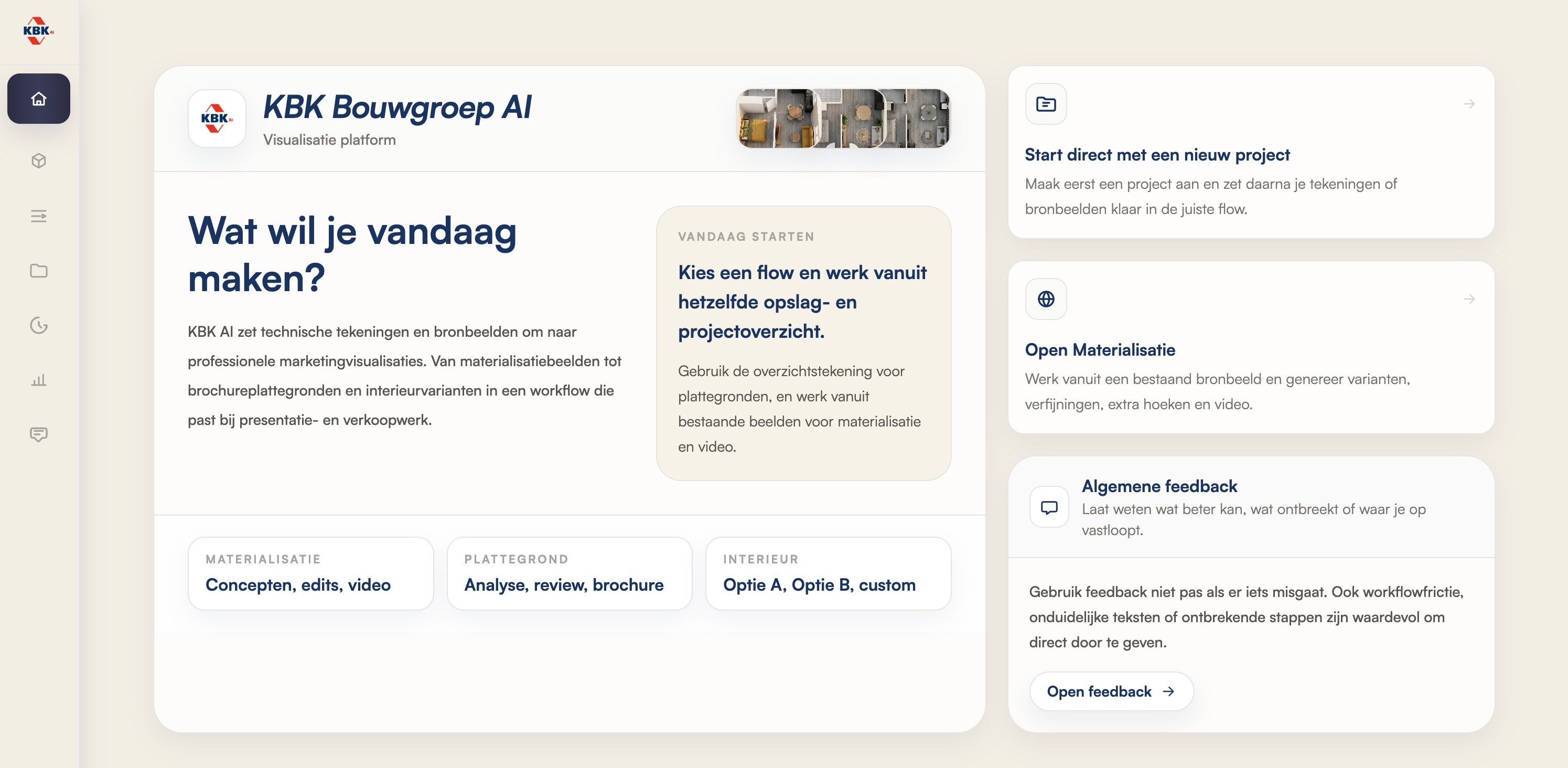 KBK AI app dashboard met projecten en visualisatiegeschiedenis
